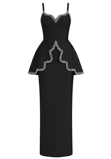 Crystal Trim Peplum Maxi Dress Black