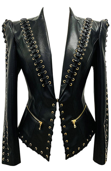 Long Sleeve Lace Up Faux Leather Jacket Black
