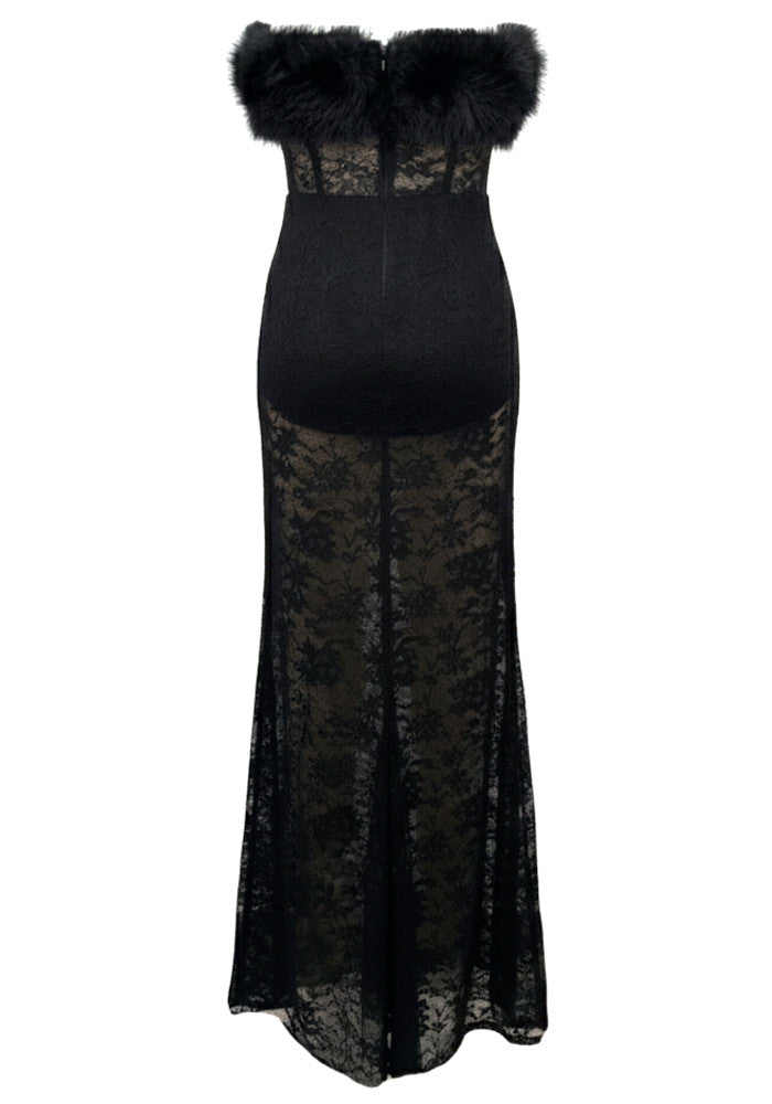 Strapless Fur Structured Lace Maxi Dress Black