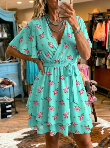 Women's V-neck Cross Tie Ruffle Chiffon Dress