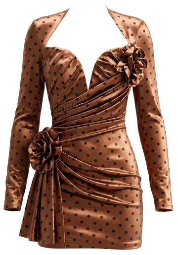 Long Sleeve Floral Polka Dot Dress Brown