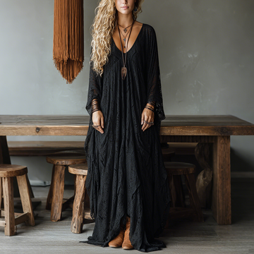 Elegant V-neck High Waist Lace Flared Long Sleeve Dress