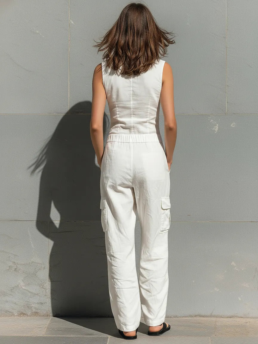 Women's Minimalist Cotton Blend Single-breasted Sleeveless Jumpsuit MDZ1304A4Y