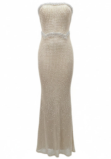 Strapless Pearl Detail Sequin Maxi Dress Gold