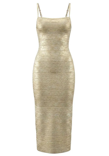 Woodgrain Foil Print Maxi Dress Gold