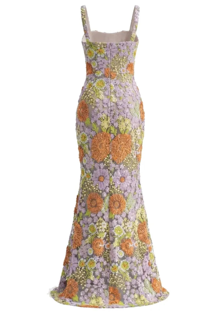 Floral Embroidered Maxi Dress Purple Green Orange