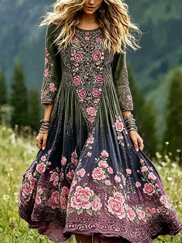 Women's Vintage Romantic Celtic Knot With Floral Art Linen Blend Three-quarter Sleeve Maxi Dress