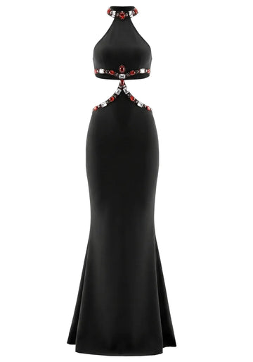 Halter Crystal Cut Out Detail Maxi Dress Black