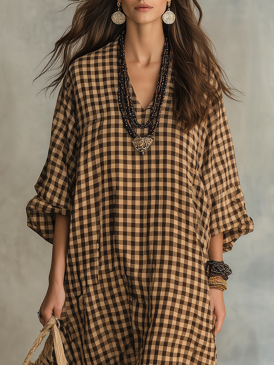 Bohemian-Inspired Relaxed Fit Gingham Check V-Neckline Maxi Dress
