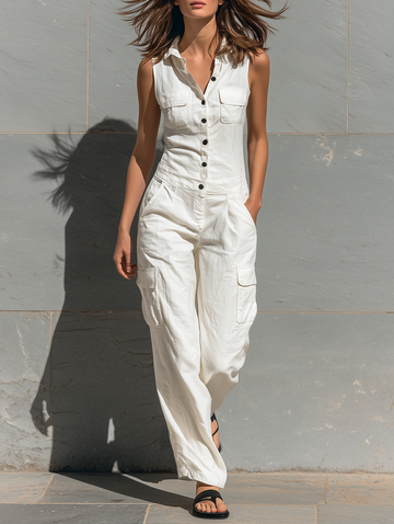 Women's Minimalist Cotton Blend Single-breasted Sleeveless Jumpsuit MDZ1304A4Y