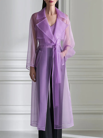 Sheer Organza Belted Trench Coat And Camisole Set