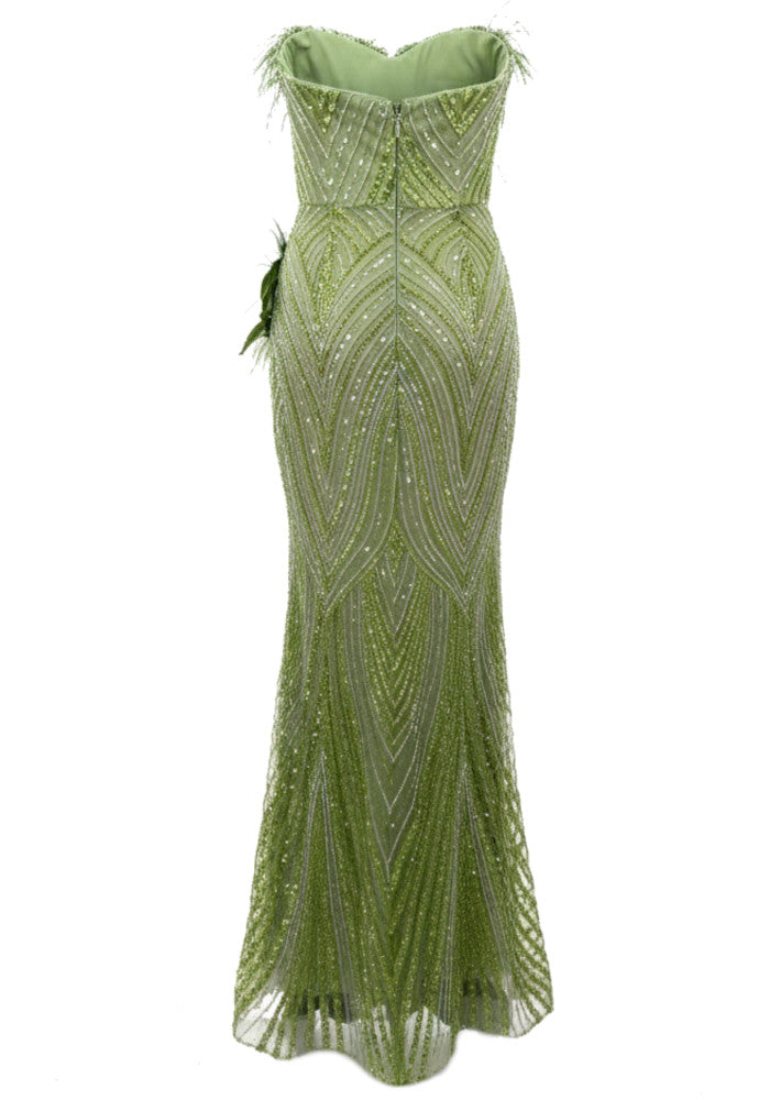 Strapless Floral Feather Sequin Maxi Dress Green