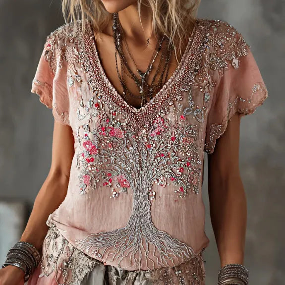 Women's Bohemian Tree Of Life Printed Cotton And Linen Comfortable V-neck T-shirt