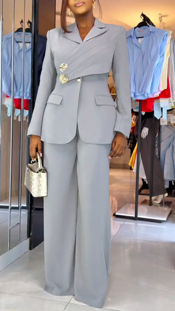 Wrap Detail Blazer & Wide Leg Pant Suit Set