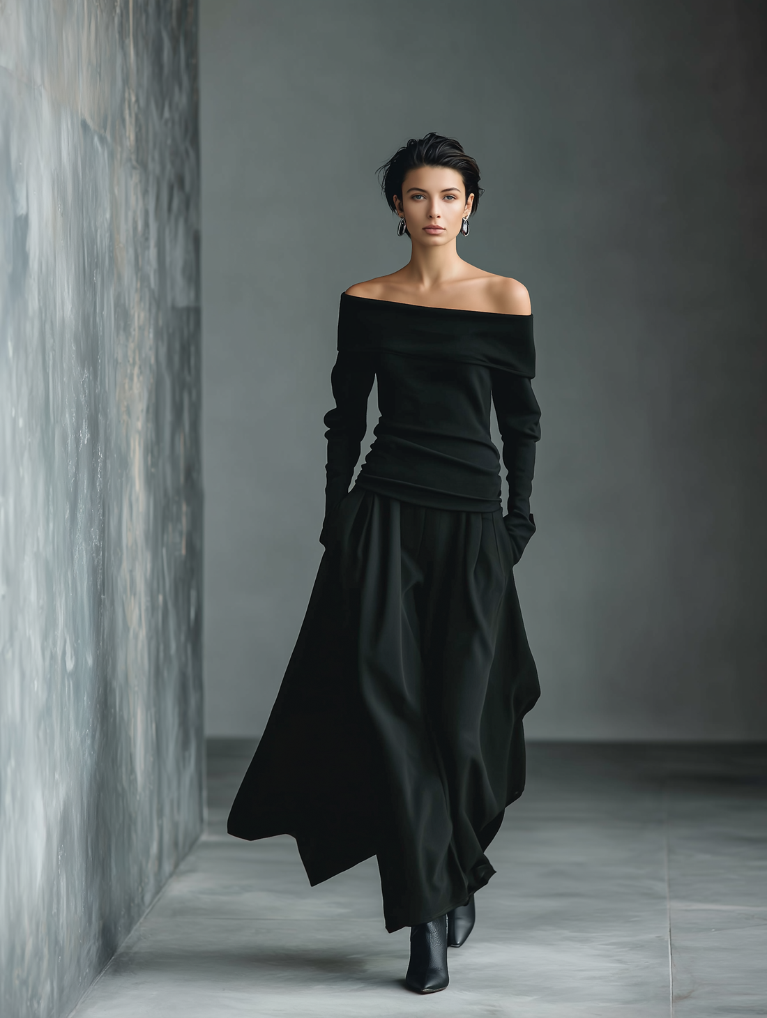 Women's Black Knit Off-Shoulder Fitted Top And Woven Fabric Skirt Set MDA1430K2T