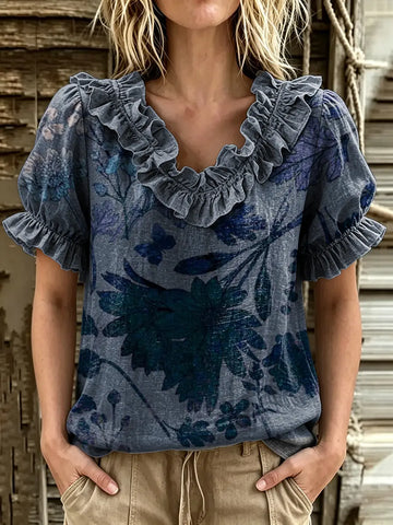 Women's Vintage Floral Print Ruffle V-Neck Puff Sleeve Blouse