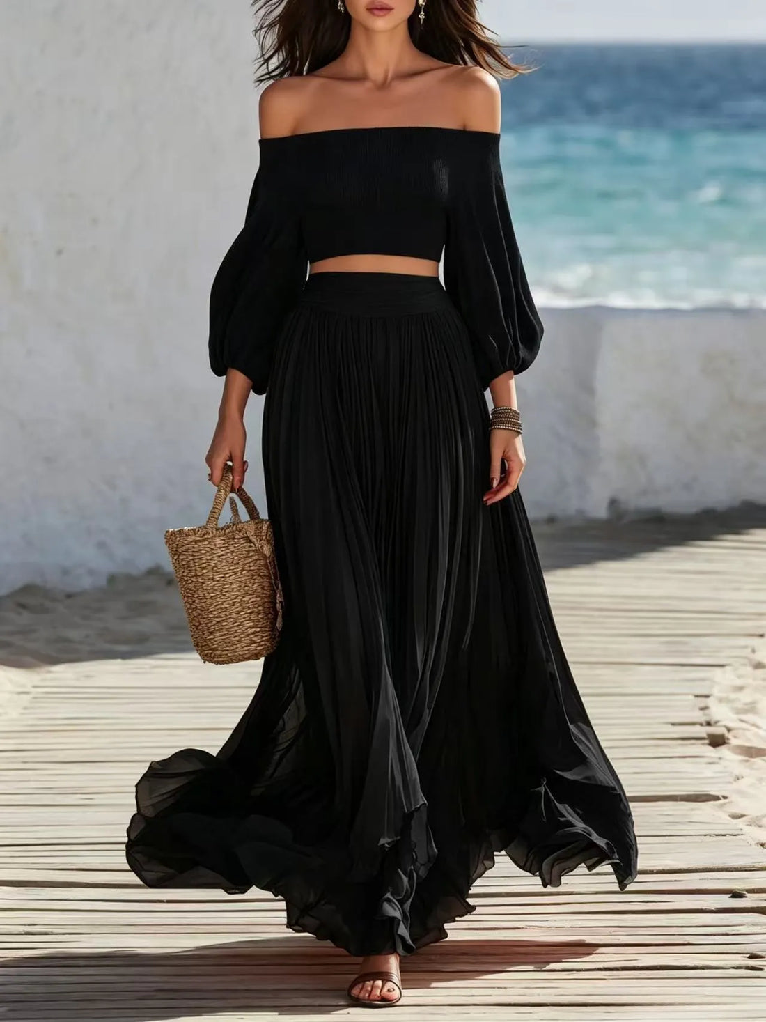 Women's Off-Shoulder Crop Top and Pleated Maxi Skirt Set