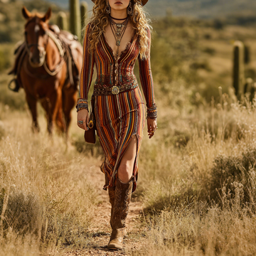 Western Girl Retro Ethnic Style Geometric Striped V-neck Long-sleeved Dress