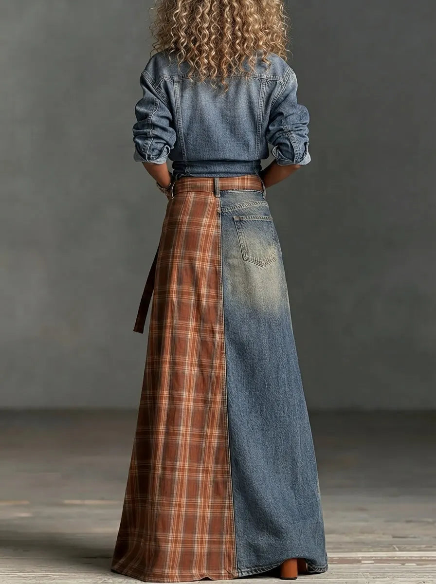 Denim Shirt and Plaid-Paneled Denim Skirt Two-Piece Set