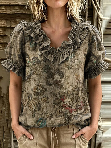 Women's Vintage Floral Print Ruffle V-Neck Puff Sleeve Top