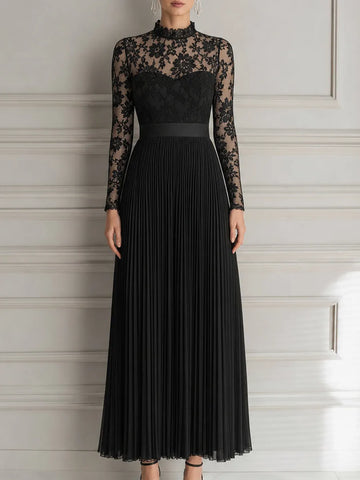 Elegant Floral Lace Pleated Chiffon Maxi Evening Dress