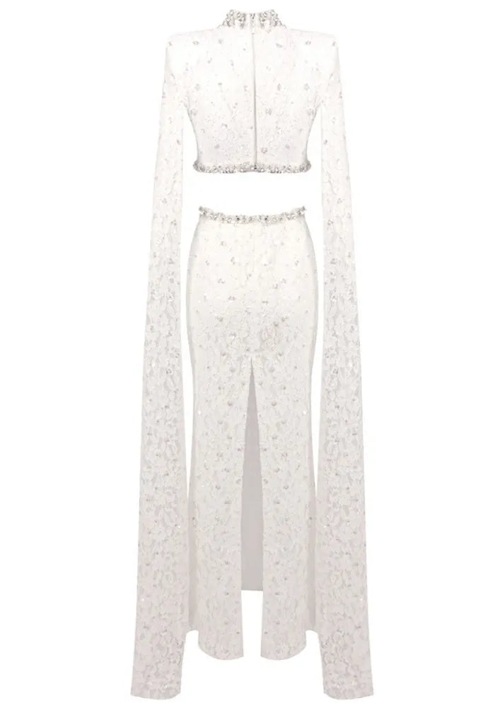 Cape Sleeve Crystal Lace Maxi Dress White