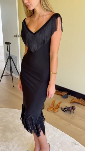Black Off Shoulder Fringe Midi Dress