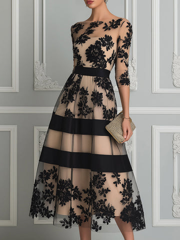 Floral Lace Illusion A-Line Midi Dress