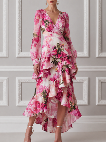 Pink Watercolor Floral Print Wrap Front Ruffle High Low Chiffon Midi Dress