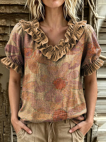 Women's Retro Abstract Flower Print Ruffle V-Neck Puff Sleeve Blouse