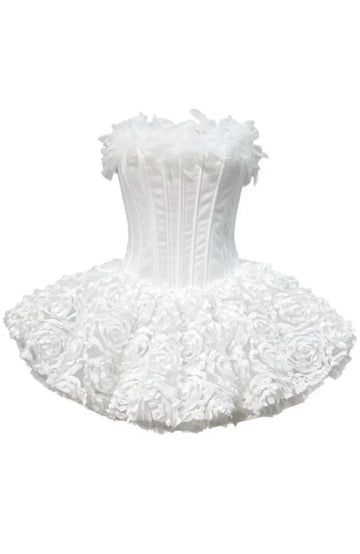 Strapless Petal Floral Corset A Line Dress White