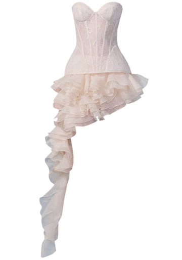 Strapless Lace Corset Ruffle Dress Ivory