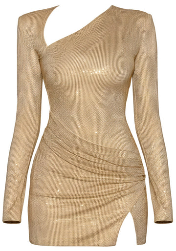 Long Sleeve Draped Sparkly Dress Gold