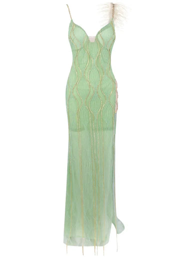 Feather Detail Maxi Dress Green Gold
