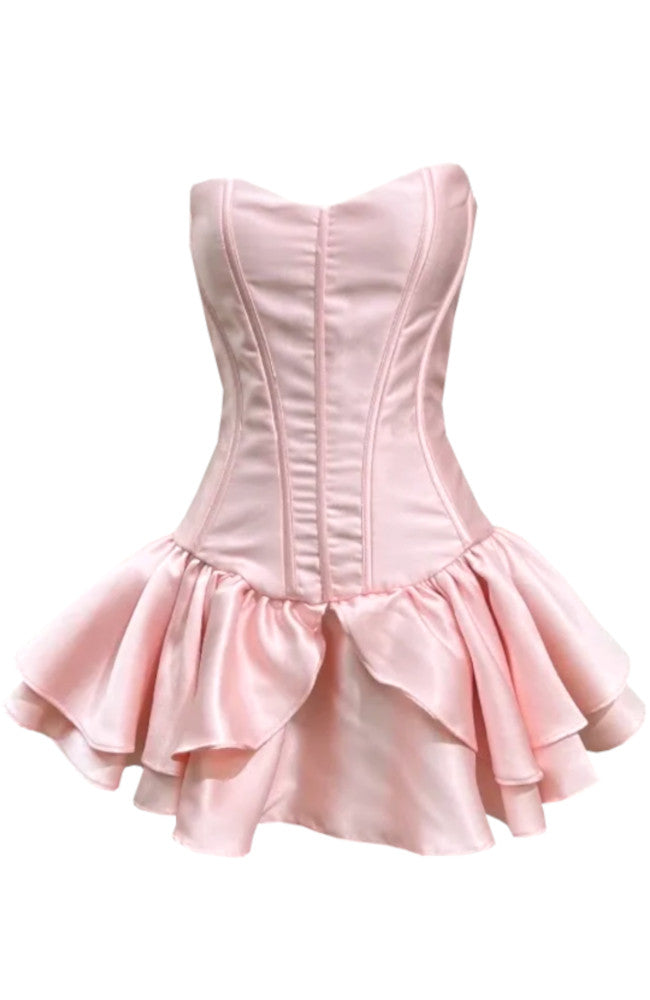 Bardot Strapless Corset Ruffle Dress Pink