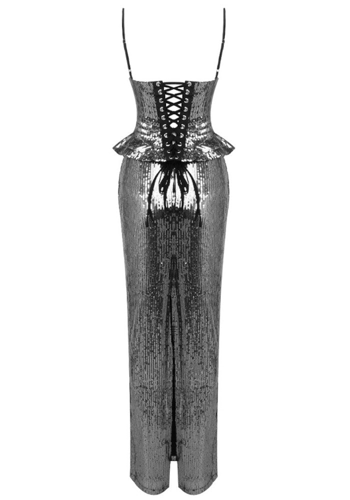 Sequin Peplum Corset Maxi Dress Silver