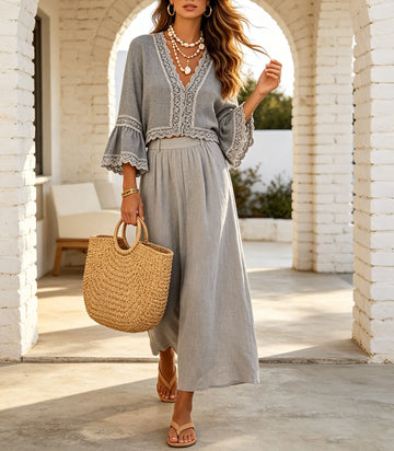 Women's Off-Shoulder Cropped Top & Lace Trim Maxi Skirt Set