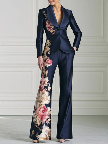 Vintage Floral Print Satin Blazer And Flared Trouser Two-Piece Set
