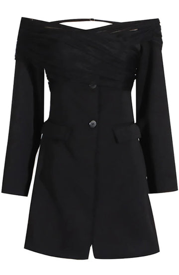 Long Sleeve Mesh Bardot Blazer Dress Black