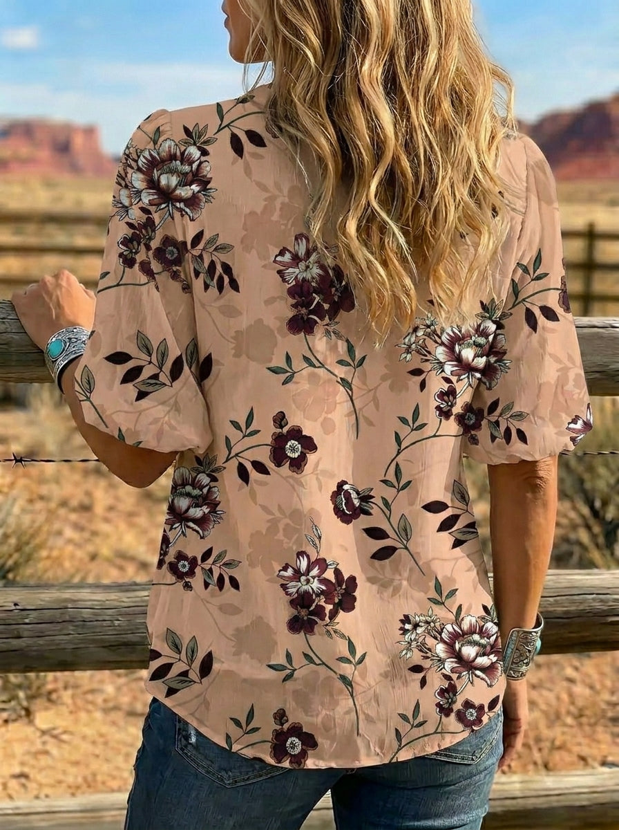 Women's Retro Floral Art Puff Sleeve Casual Shirt