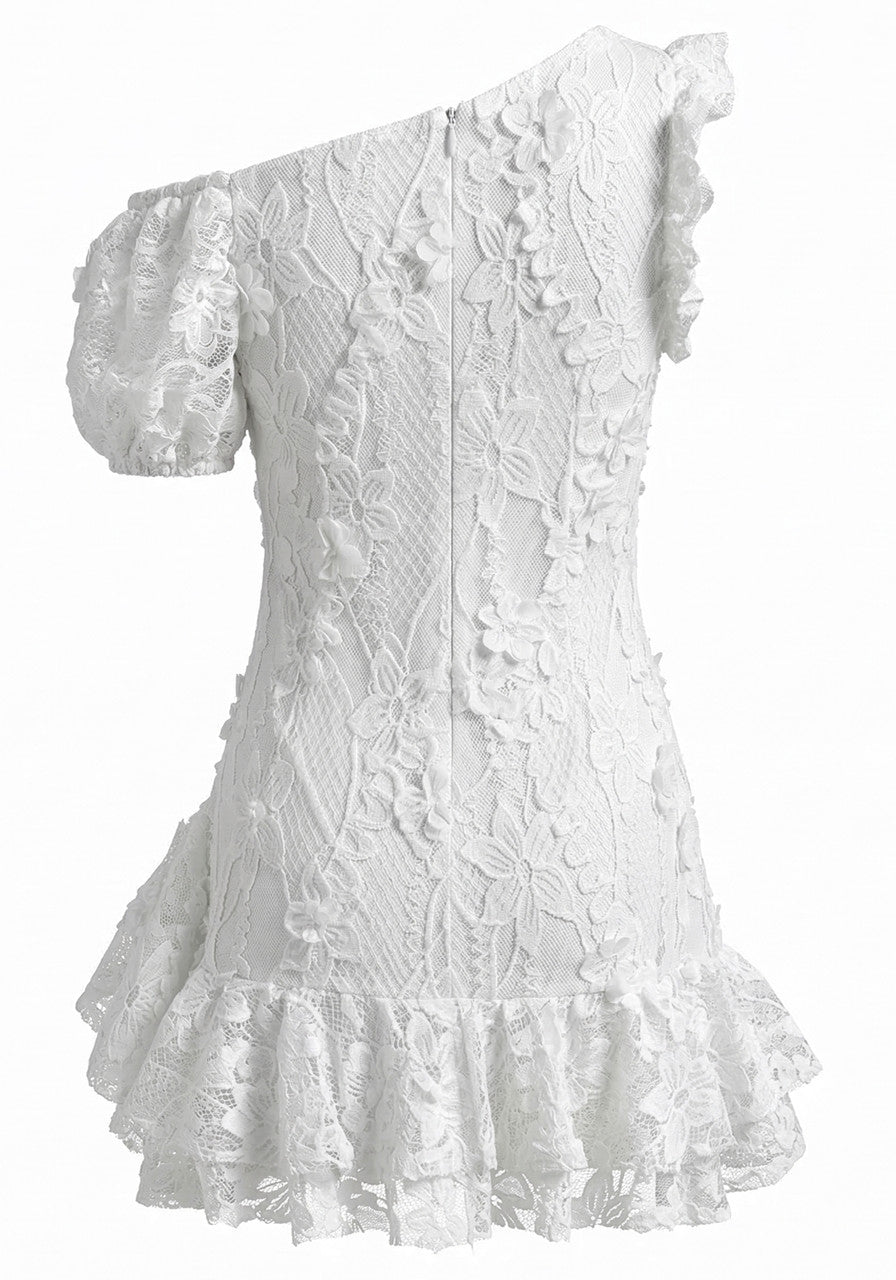 One Shoulder Bardot Floral Lace Dress White