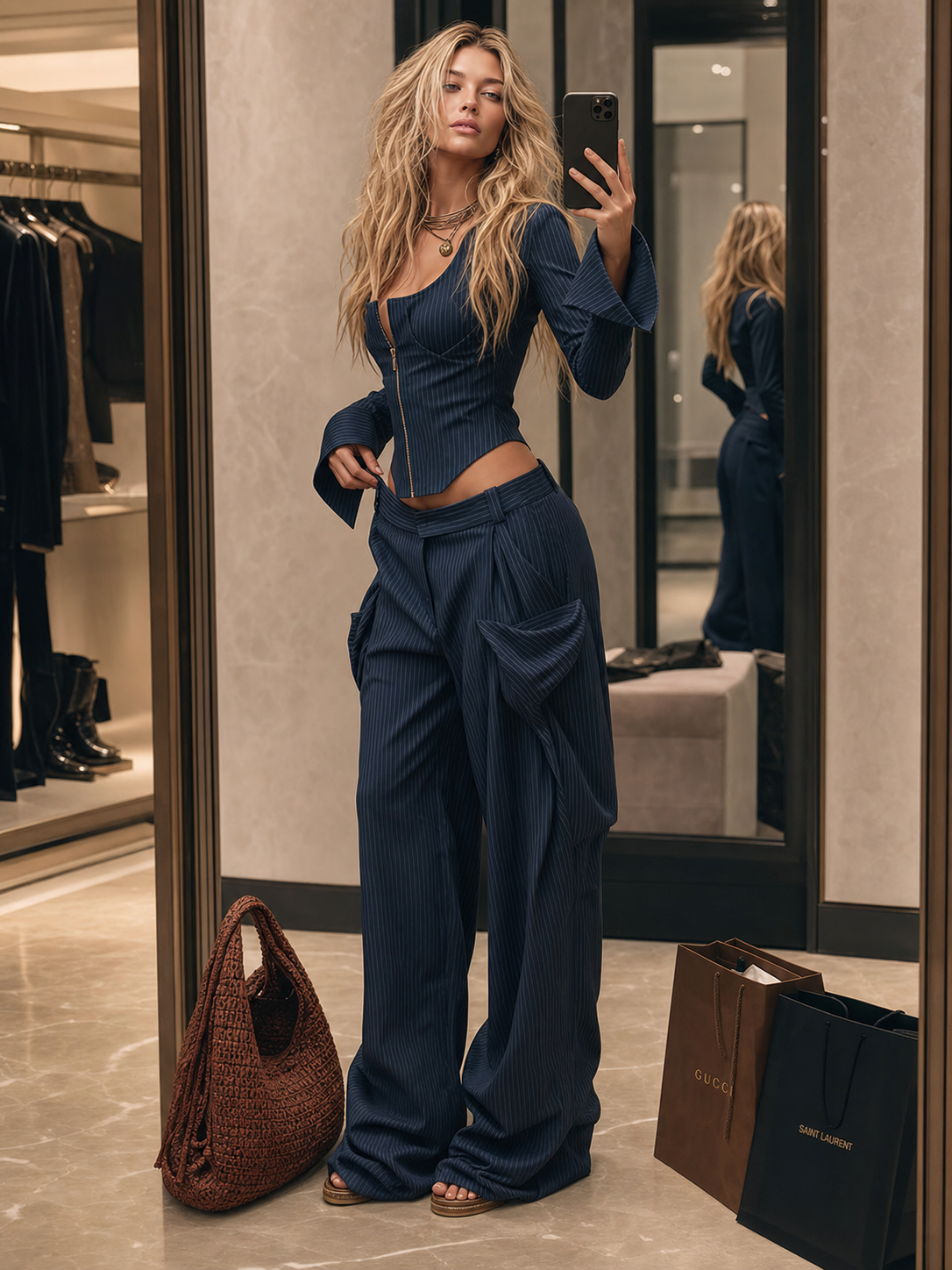 Personality Retro Casual Navy Blue Striped Square-Neck Long-sleeved Front Zipper Top And Pants Set
