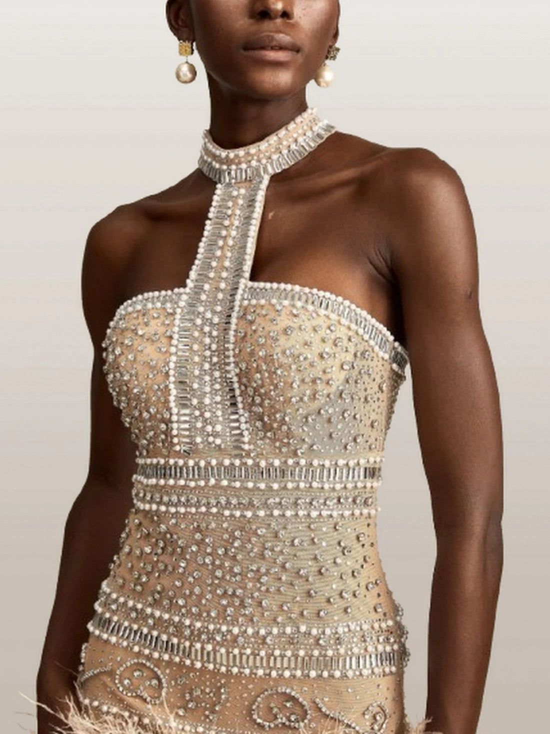 Crystal-Embellished Halter-Neck Feather-Hem Mini Dress