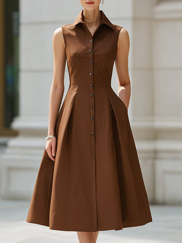 Sleeveless Button-Front Collared A-Line Midi Shirt Dress