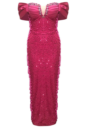 Bardot Draped Bustier Embellished Maxi Dress Hot Pink