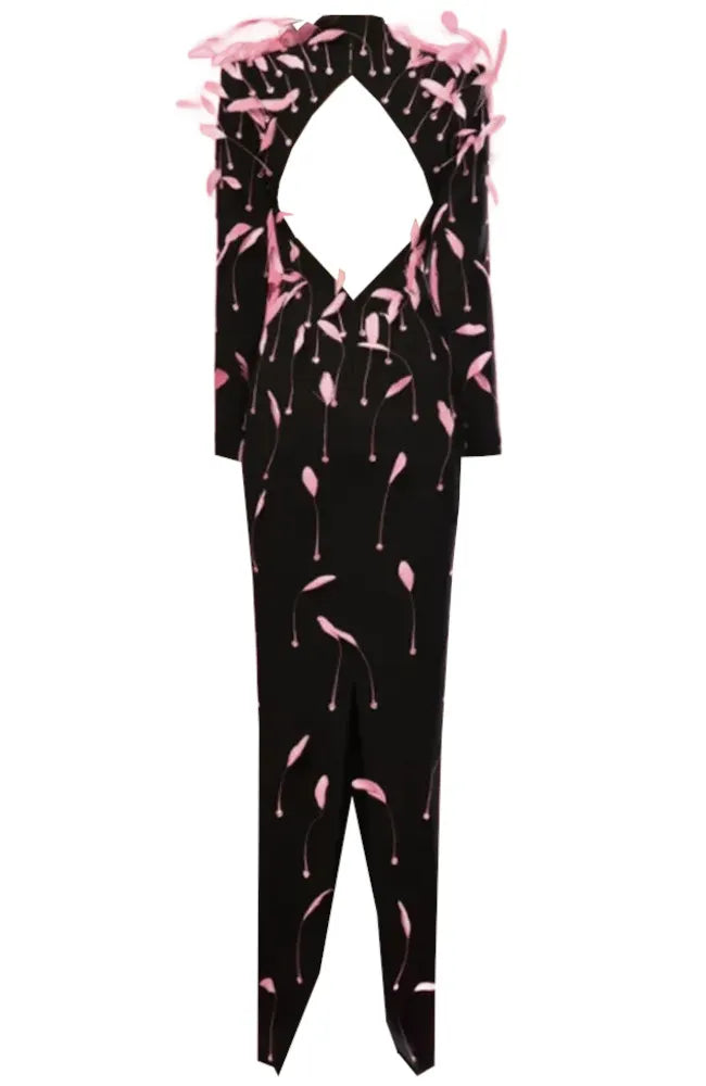 Long Sleeve Feather Backless Maxi Dress Black Pink