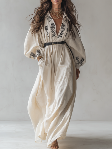 Cream Linen Embroidered Puff Sleeve Shirt Maxi Dress