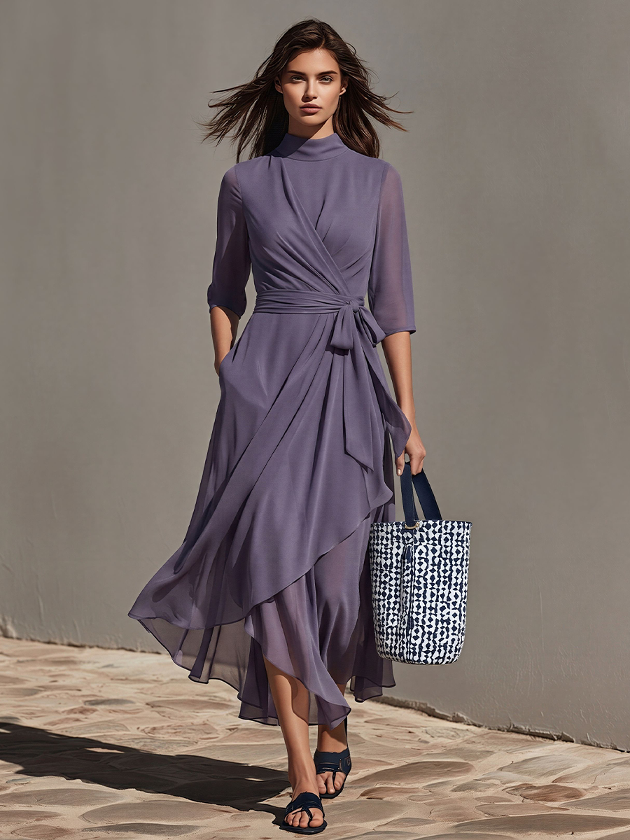 Women's Lavender Chiffon Dress With Sheer Three-Quarter Sleeves & Asymmetric Hem, Modern Effortless-Chic Day Dress MDZ2229D8LYL