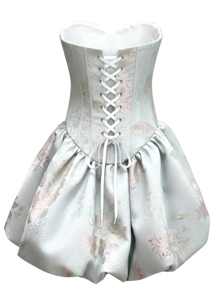 Strapless Floral Bubble Corset Dress Light Blue