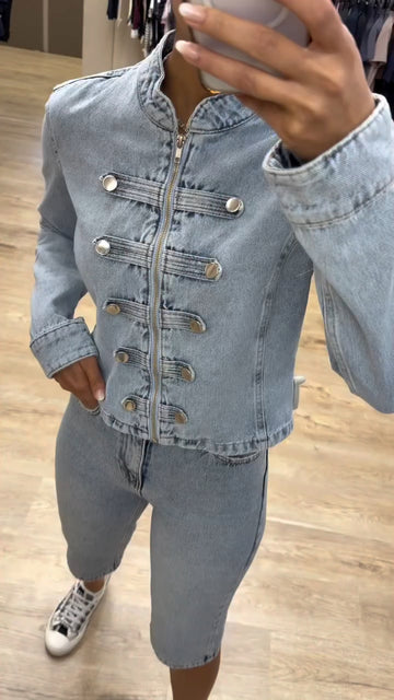 Military Style Denim Jacket & Capri Jeans Two Piece Set